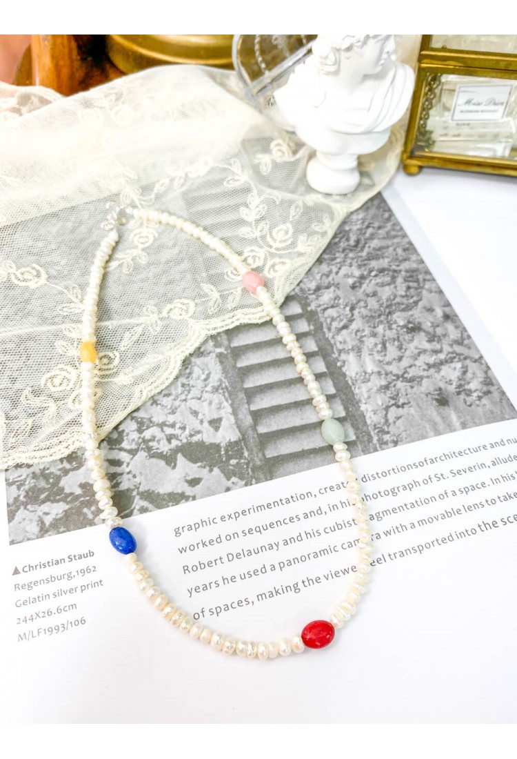 233-1003 彩色天然石 珠珠 ‧ 淡水珍珠 頸鏈 (韓國)( 飾物不設退換）0